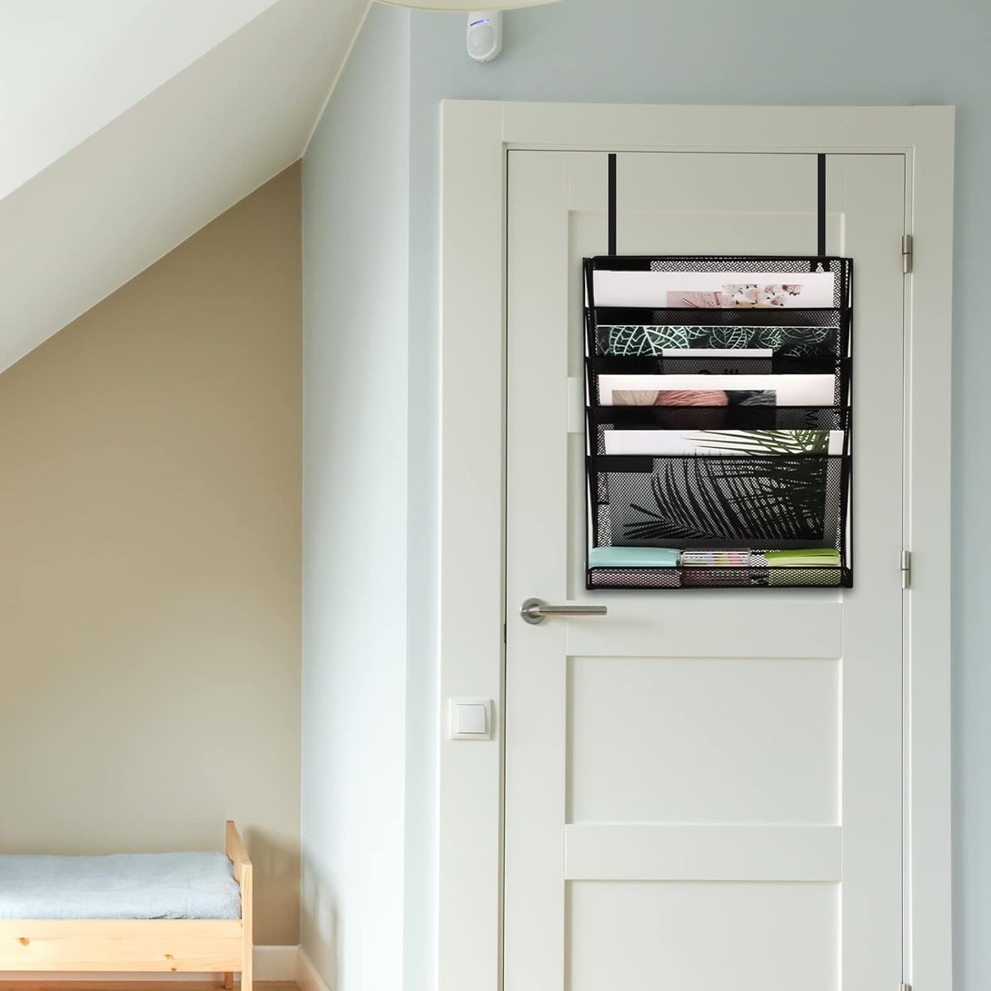 Desk File Organizer Mesh 6-Tier with Hangers, Hanging Wall Mount Document Organization Stand, Desktop Vertical Mail Paper Folder Holder with Bottom Tray for Office Home Cubicle, Black