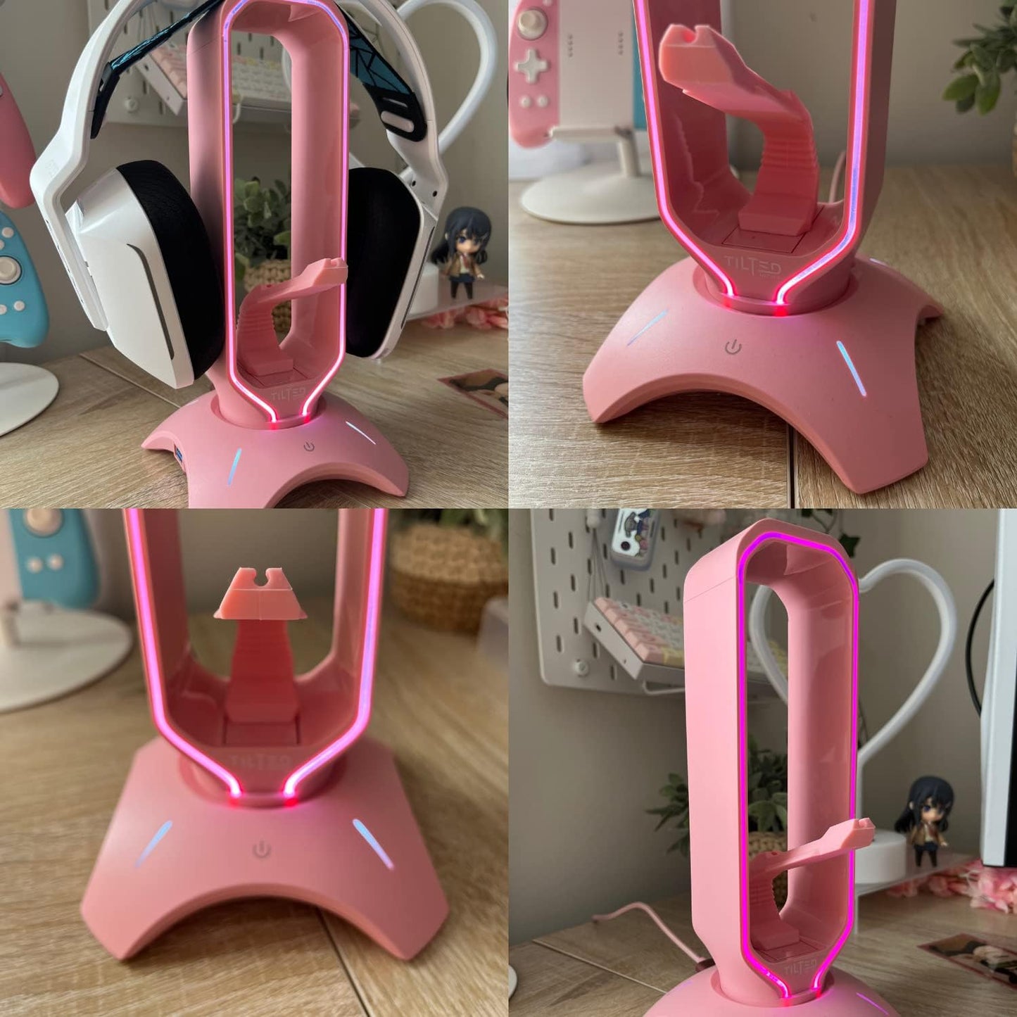 Cute Headphone Stand Pink | Headset Stand with RGB, Mouse Bungee Holder, and 2 Port USB Hub Charger - Desk Gaming Accessories