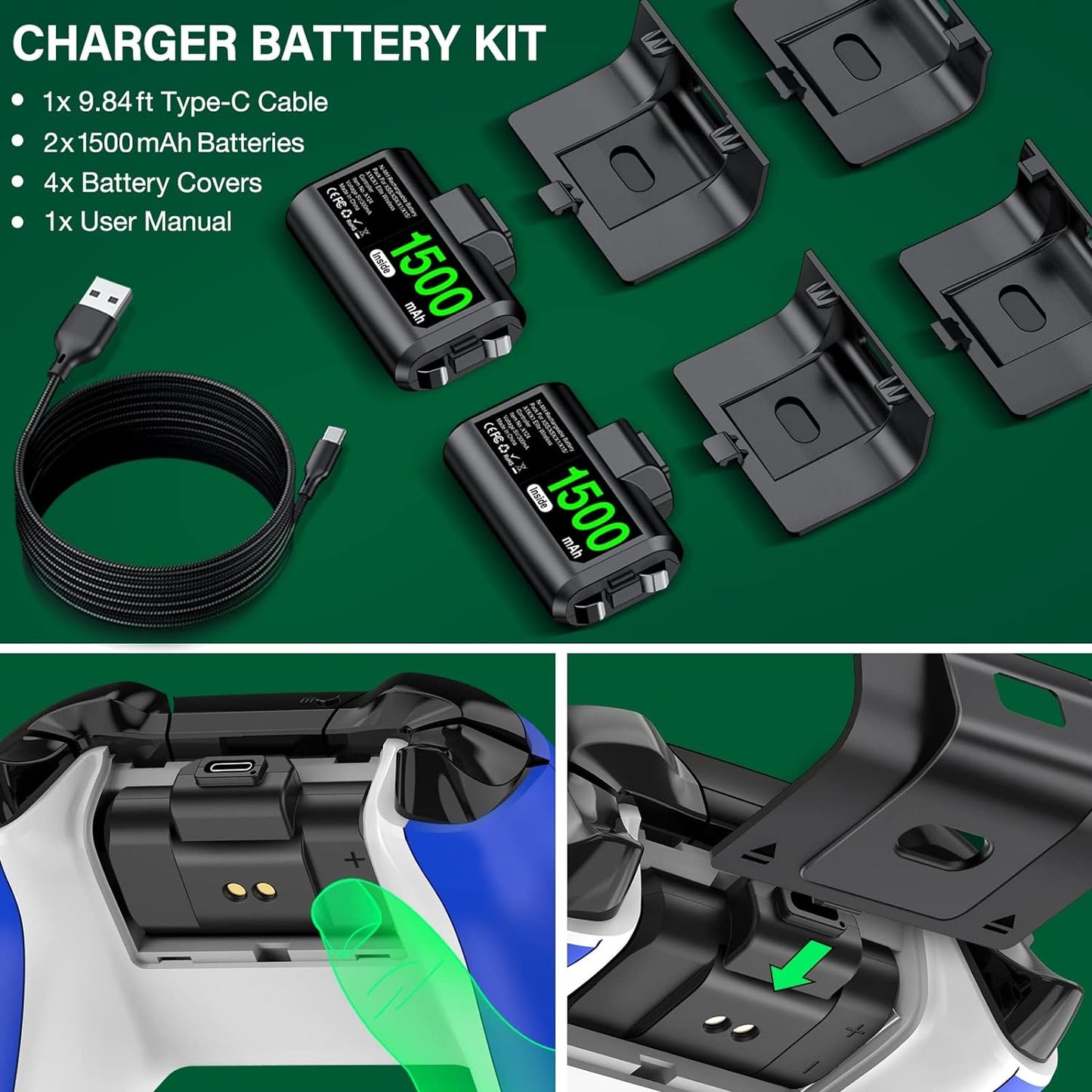 Rechargeable Controller Battery Pack 2X1500Mah Xbox Battery Pack & 4 Battery Covers, Xbox One Controller Battery Pack with 9.84Ft Type-C Cable for Xbox One S/X/Elite