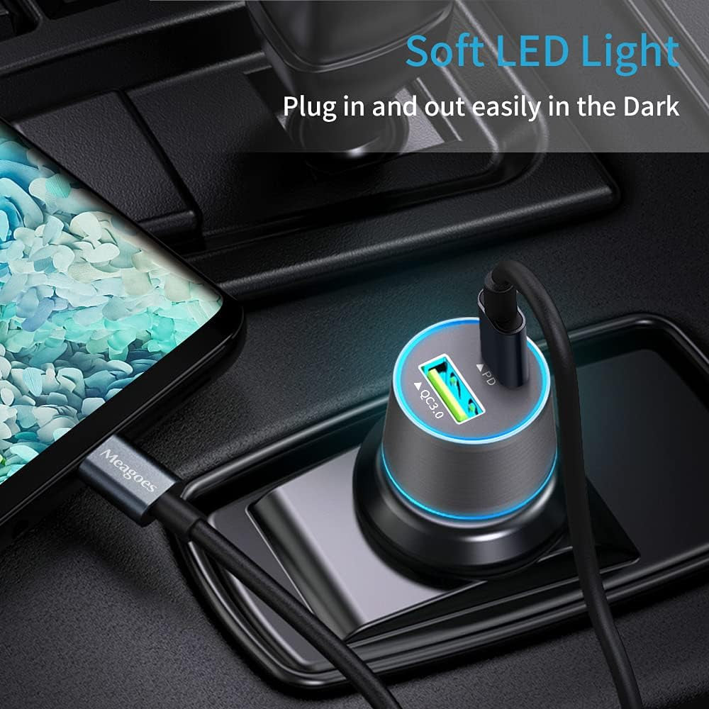 48W Gray Car Charger USB C Super Fast Charging, 30W USBC&QC3.0 Port Block for Iphone 17 Pro Max/Air/16/15/Ipad, Samsung S25 Android Cell Phone, Dual 12V Cigarette Lighter Adapter+3.3 Ft Type C Cable