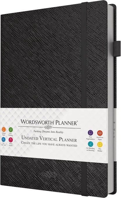 Wordsworth Undated Vertical Planner 2022-2023 - Weekly Planning, Organizer Notebook; Increase Productivity, Time Management - Gratitude Journal; Hit Your Goals - Thick Paper (120GSM) B5, Black