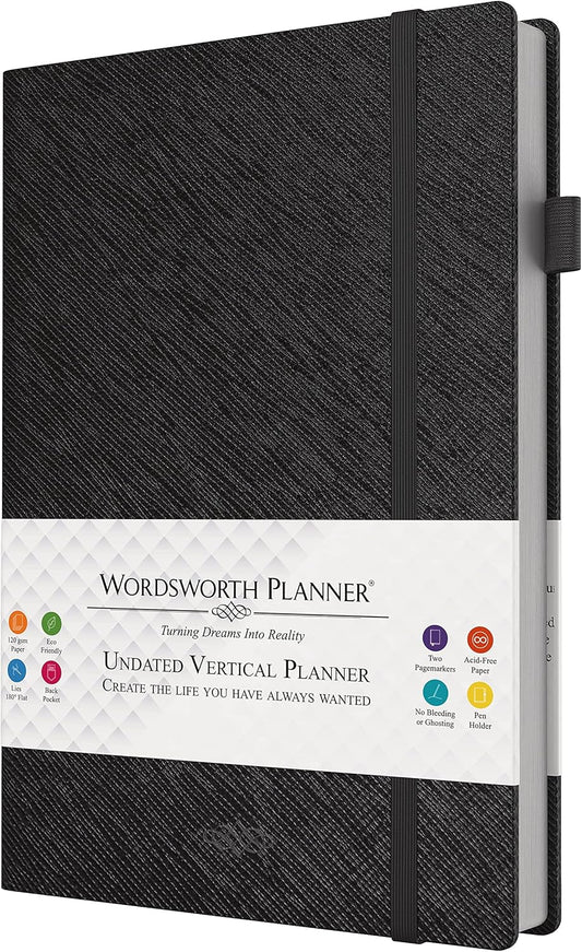 Wordsworth Undated Vertical Planner 2022-2023 - Weekly Planning, Organizer Notebook; Increase Productivity, Time Management - Gratitude Journal; Hit Your Goals - Thick Paper (120GSM) B5, Black