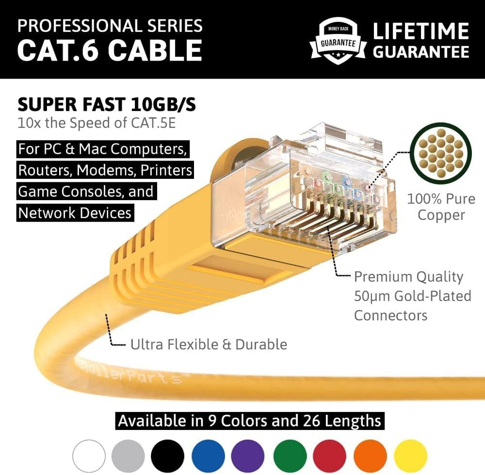 CAT6 Cable UTP Booted - Yellow - 100 FT - 5 Pack - Professional Series - 10Gbps, Cat6 Patch Cable, Network, Internet