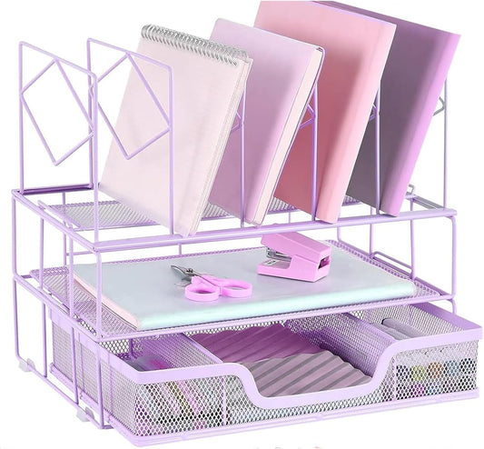 Desk Organizers and Desk Accessories - File Organizer with Drawer, Desk Accessories & Workspace Organizers for Office Supplies, Purple