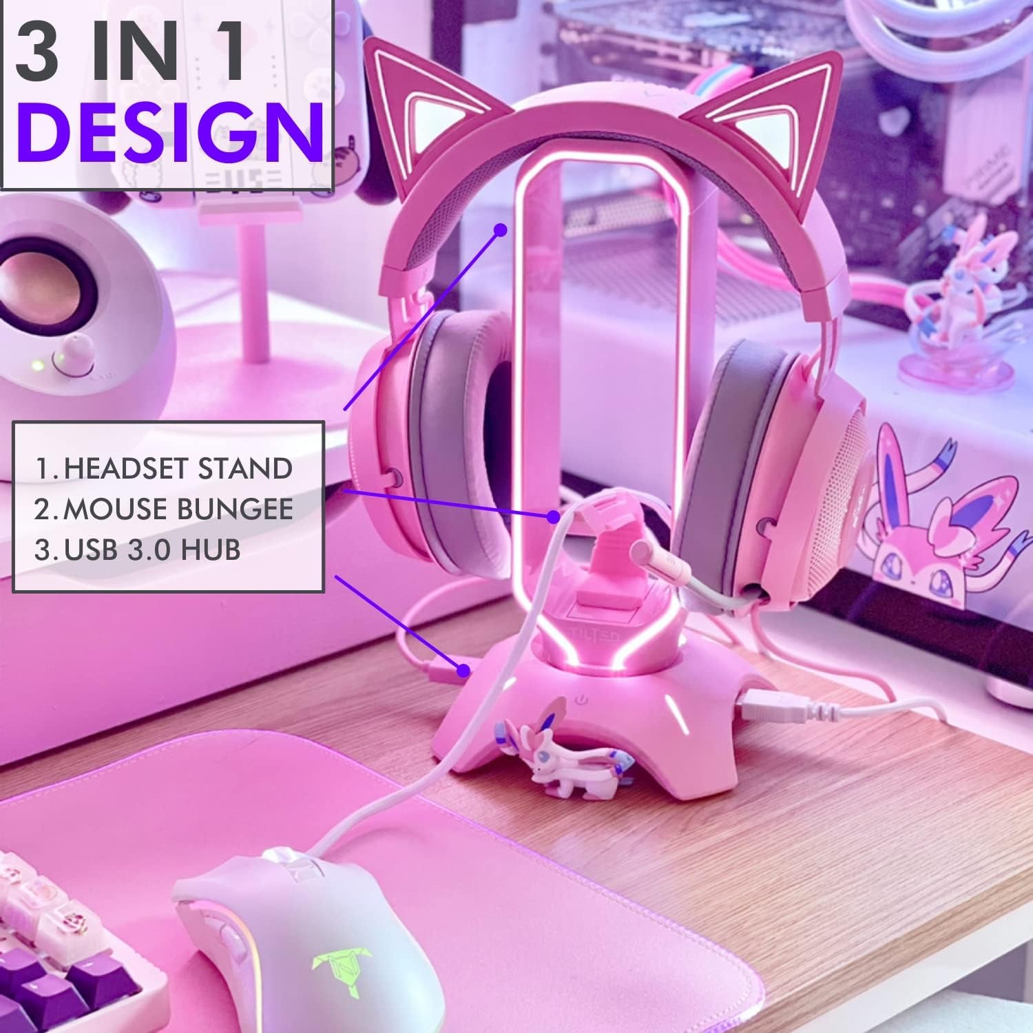 Cute Headphone Stand Pink | Headset Stand with RGB, Mouse Bungee Holder, and 2 Port USB Hub Charger - Desk Gaming Accessories