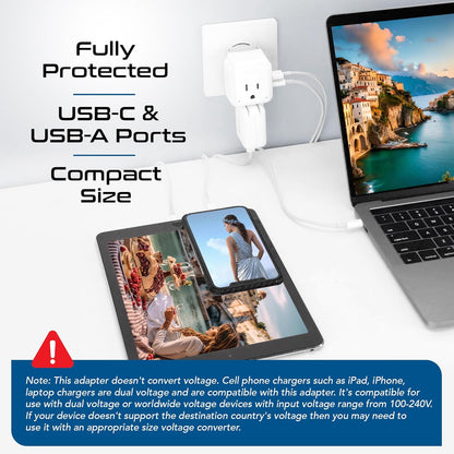 Europe Plug Adapter, 20W PD & QC, Safe Dual USB & USB-C 3.1A - 2 USA Outlet - Compact & Powerful - Use Euro, Greece, Italy, Switzerland, Turkey, Portugal - Includes Type C Swadapt Attachment