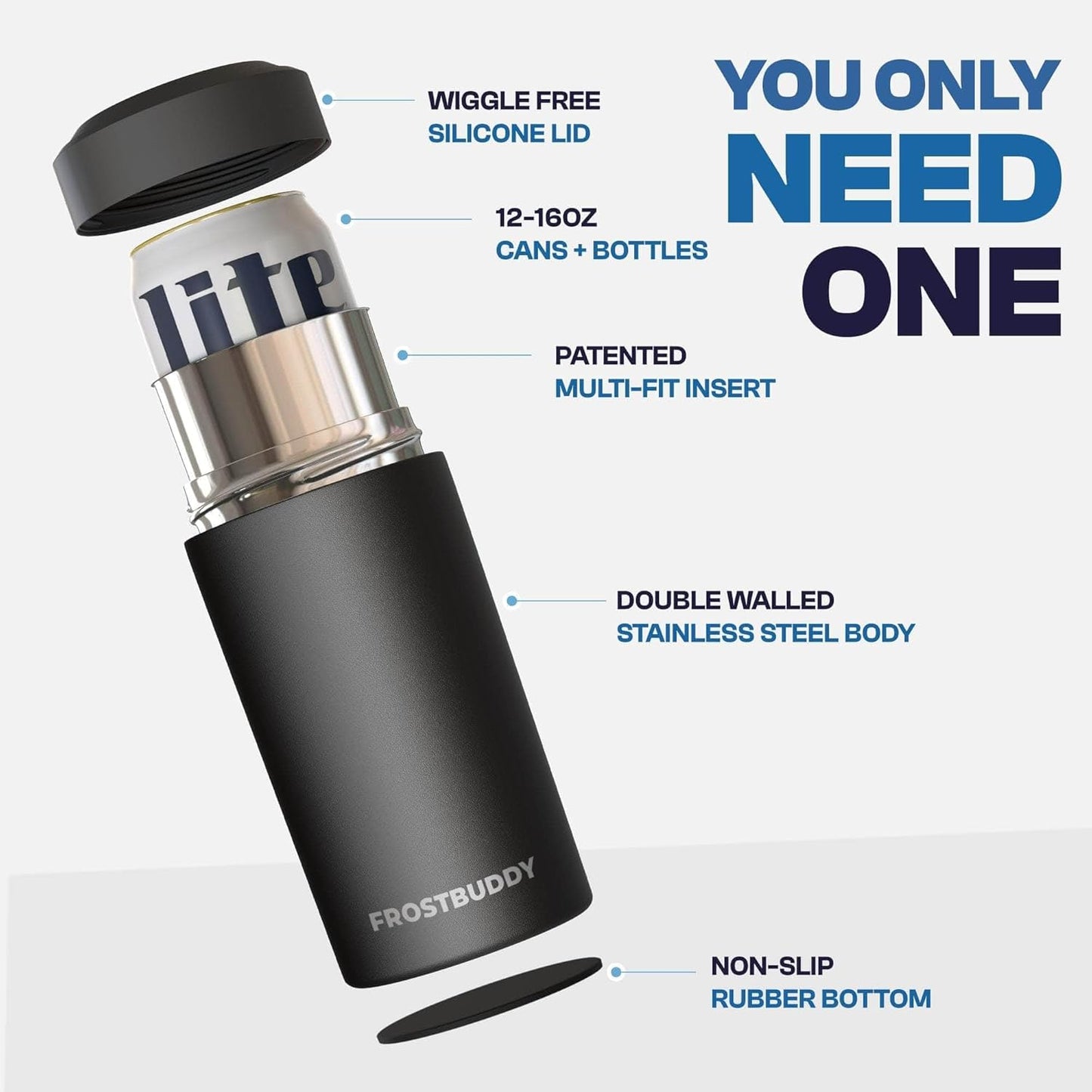 Universal Buddy Can Cooler - Fits All - for Regular 12 & 16 Oz or Slim-Size Bottles - Insulated Double -Walled Stainless Steel (All White)