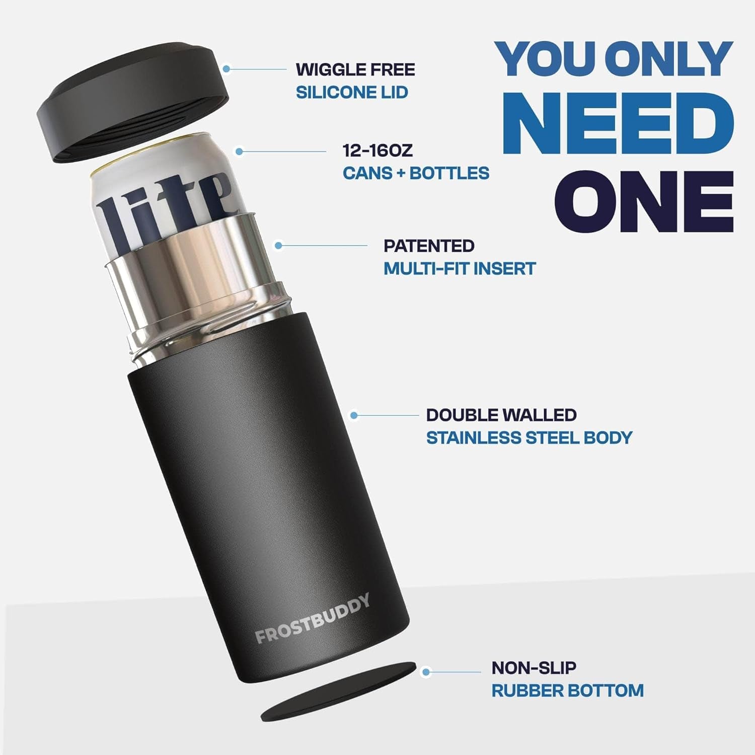 Universal Buddy Can Cooler - Fits All - for Regular 12 & 16 Oz or Slim-Size Bottles - Insulated Double -Walled Stainless Steel (All White)