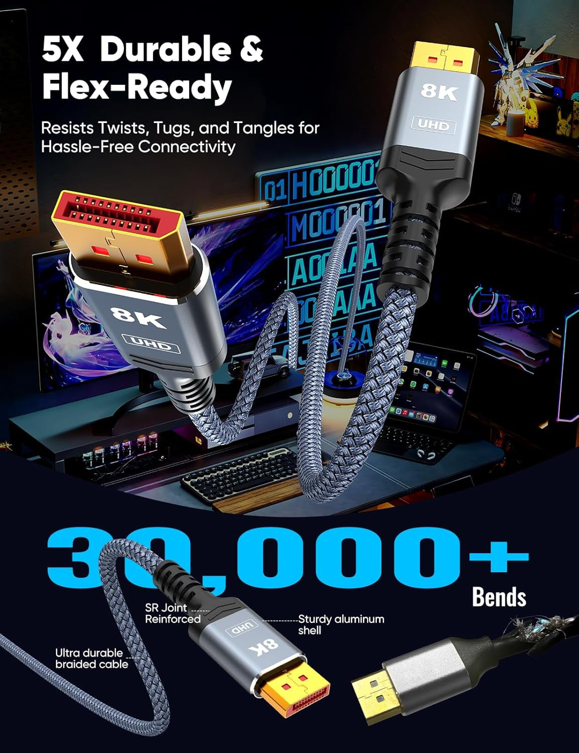 8K Displayport 1.4 Cable, VESA Certified 6.6FT DP Cord (8K@60Hz, 4K@144Hz, 2K@240Hz/165Hz), 32.4Gbps High Speed Display Port Cable for Gaming Monitor, Hdr/Freesync/G-Sync, Braided, Grey