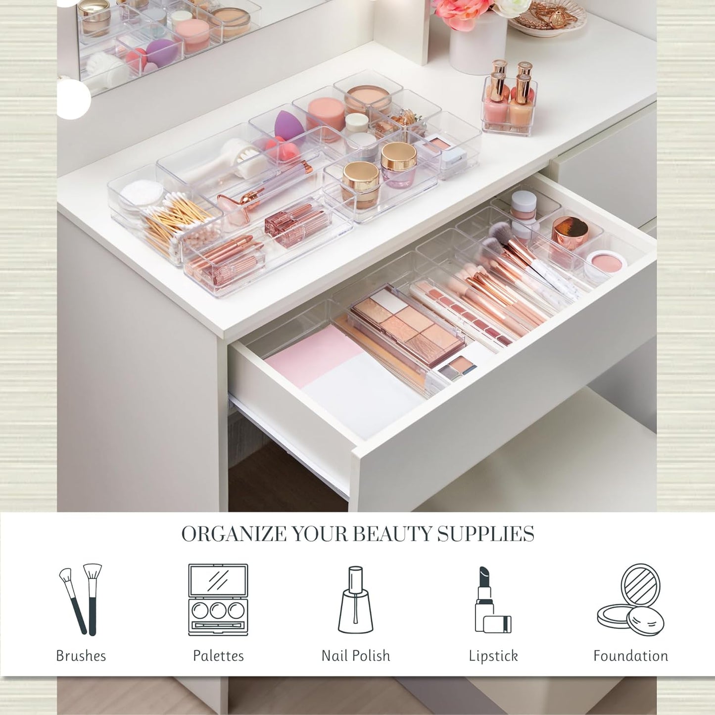 Simplesort 18-Piece Stackable Clear Drawer Organizer Set | Multi-Size Trays | Makeup Vanity Storage Bins and Office Desk Drawer Dividers | Made in USA