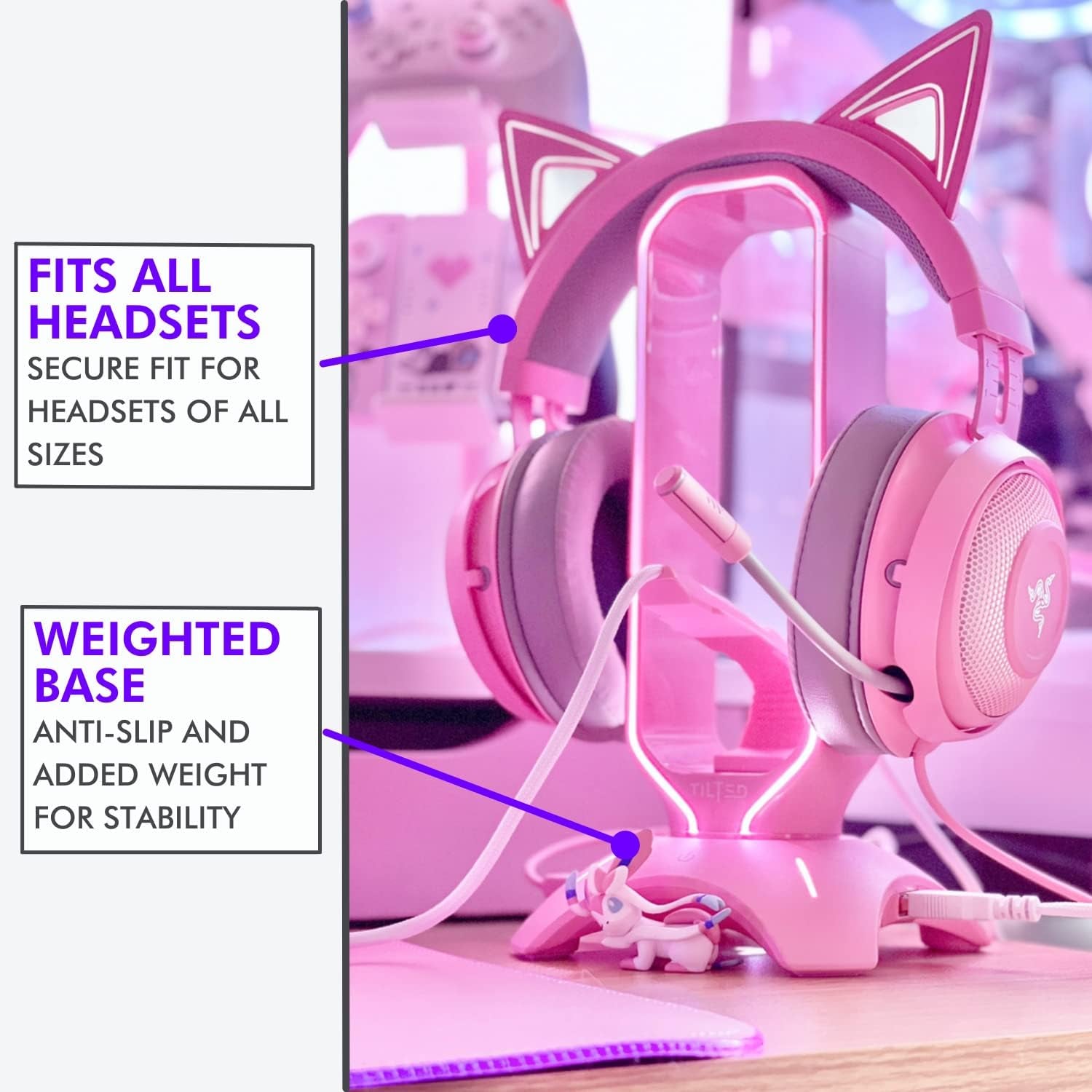 Cute Headphone Stand Pink | Headset Stand with RGB, Mouse Bungee Holder, and 2 Port USB Hub Charger - Desk Gaming Accessories