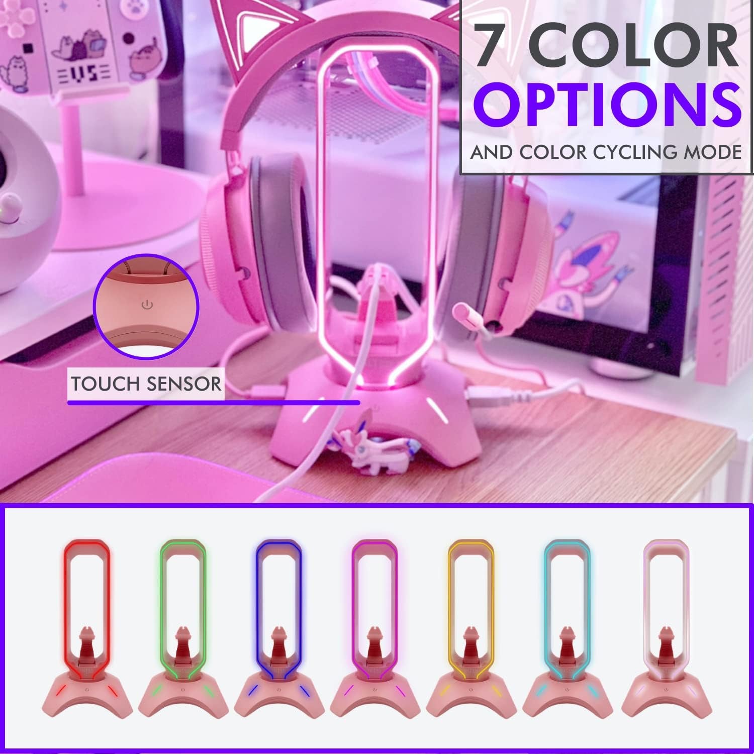Cute Headphone Stand Pink | Headset Stand with RGB, Mouse Bungee Holder, and 2 Port USB Hub Charger - Desk Gaming Accessories