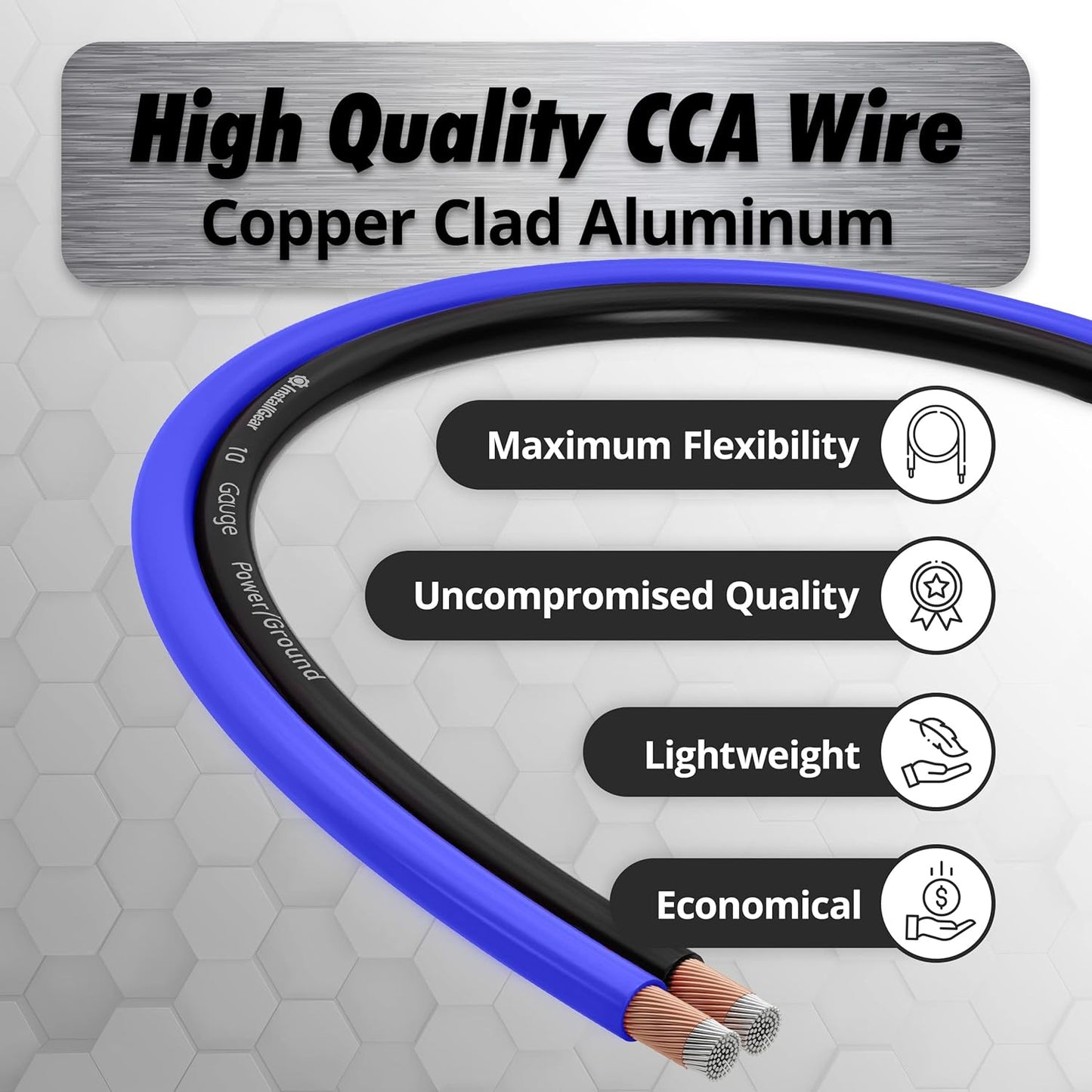 10 Gauge Wire (50Ft) Copper Clad Aluminum CAA - Primary Automotive Wire, Car Amplifier Power and Ground Cable, Battery Cable, Car Audio Speaker Stereo, RV Trailer Wiring Welding Cable 10Ga