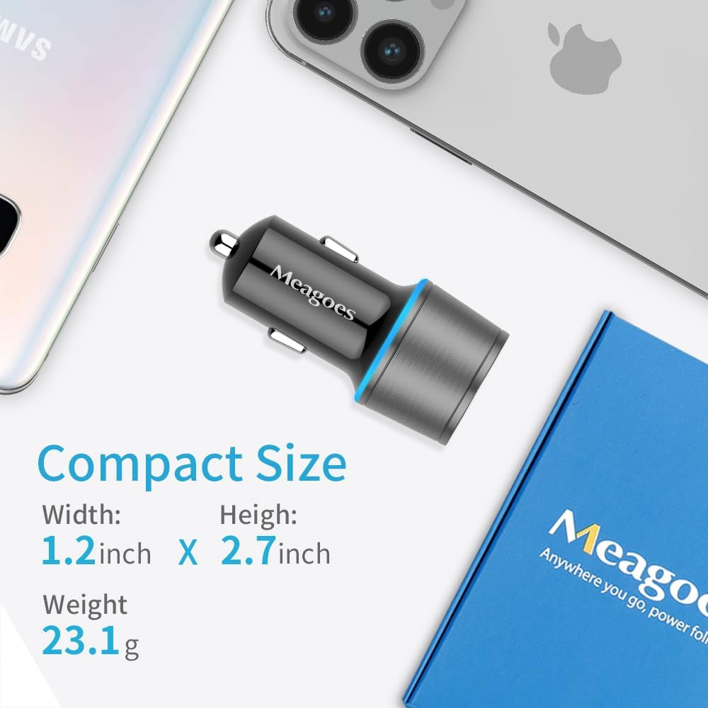 48W Gray Car Charger USB C Super Fast Charging, 30W USBC&QC3.0 Port Block for Iphone 17 Pro Max/Air/16/15/Ipad, Samsung S25 Android Cell Phone, Dual 12V Cigarette Lighter Adapter+3.3 Ft Type C Cable