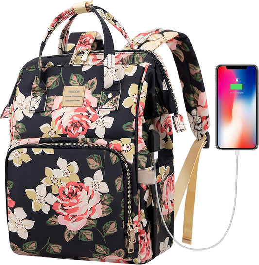 Laptop Backpack for Women,15.6 Inch Stylish College School Backpack with USB Charging Port,Water Resistant Casual Daypack Laptop Backpack for Girls/Nurse/Teacher/Travel (Flower Pattern)