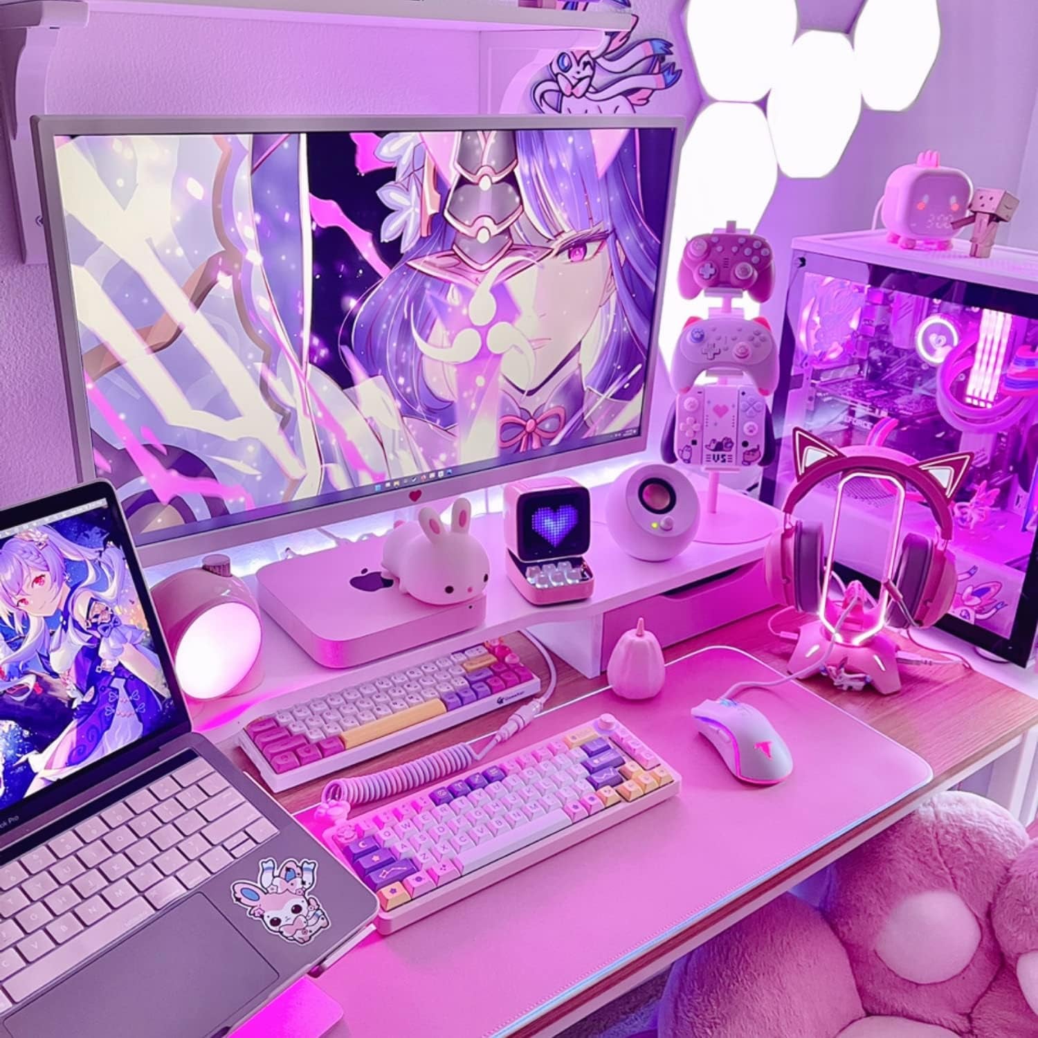 Cute Headphone Stand Pink | Headset Stand with RGB, Mouse Bungee Holder, and 2 Port USB Hub Charger - Desk Gaming Accessories