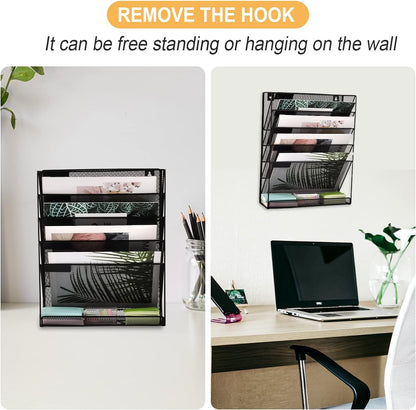 Desk File Organizer Mesh 6-Tier with Hangers, Hanging Wall Mount Document Organization Stand, Desktop Vertical Mail Paper Folder Holder with Bottom Tray for Office Home Cubicle, Black