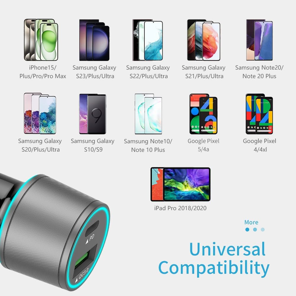 48W Gray Car Charger USB C Super Fast Charging, 30W USBC&QC3.0 Port Block for Iphone 17 Pro Max/Air/16/15/Ipad, Samsung S25 Android Cell Phone, Dual 12V Cigarette Lighter Adapter+3.3 Ft Type C Cable
