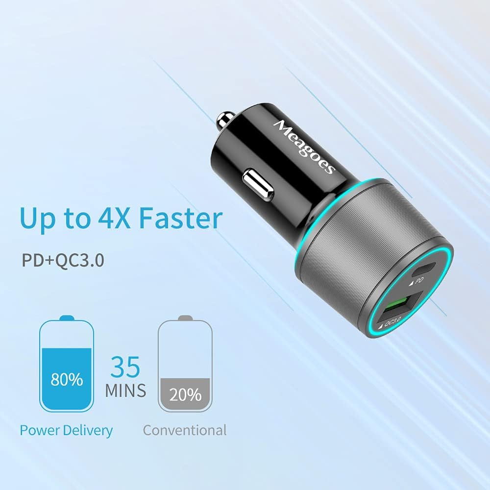 48W Gray Car Charger USB C Super Fast Charging, 30W USBC&QC3.0 Port Block for Iphone 17 Pro Max/Air/16/15/Ipad, Samsung S25 Android Cell Phone, Dual 12V Cigarette Lighter Adapter+3.3 Ft Type C Cable