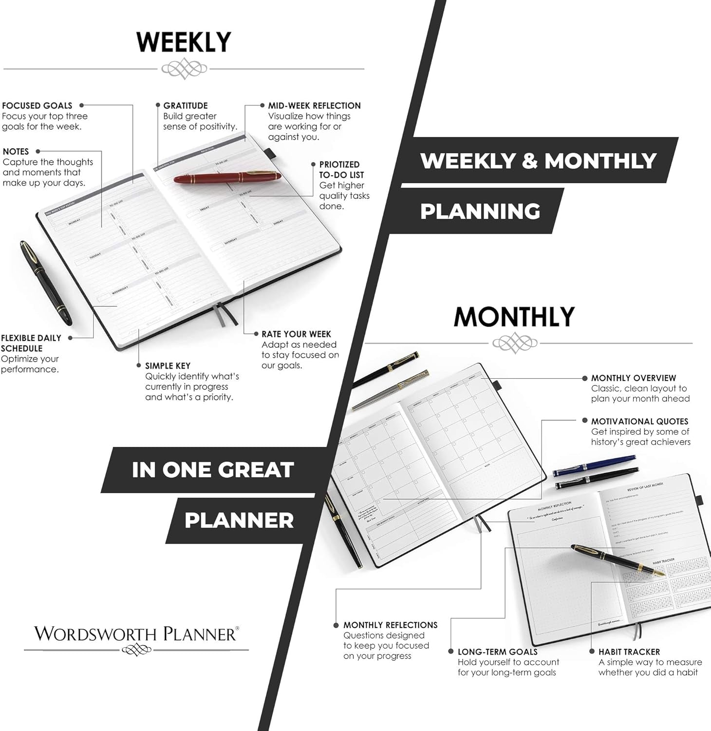 Wordsworth Undated Vertical Planner 2022-2023 - Weekly Planning, Organizer Notebook; Increase Productivity, Time Management - Gratitude Journal; Hit Your Goals - Thick Paper (120GSM) B5, Black
