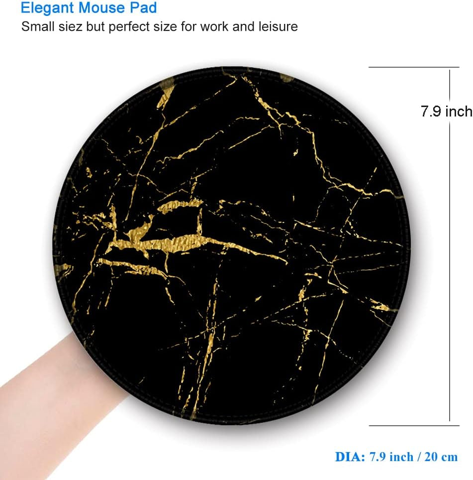 Mouse Pad, round Marble Mouse Mat, Cute Mouse Pad with Design, Non-Slip Rubber Base Mousepad with Stitched Edge, Waterproof Women Office Mouse Pads, Small Size 7.9" X 7.9", Black Marbling