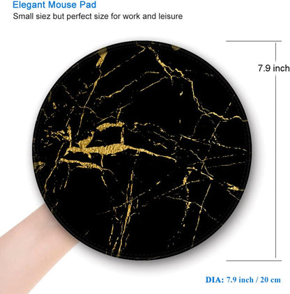 Mouse Pad, round Marble Mouse Mat, Cute Mouse Pad with Design, Non-Slip Rubber Base Mousepad with Stitched Edge, Waterproof Women Office Mouse Pads, Small Size 7.9" X 7.9", Black Marbling
