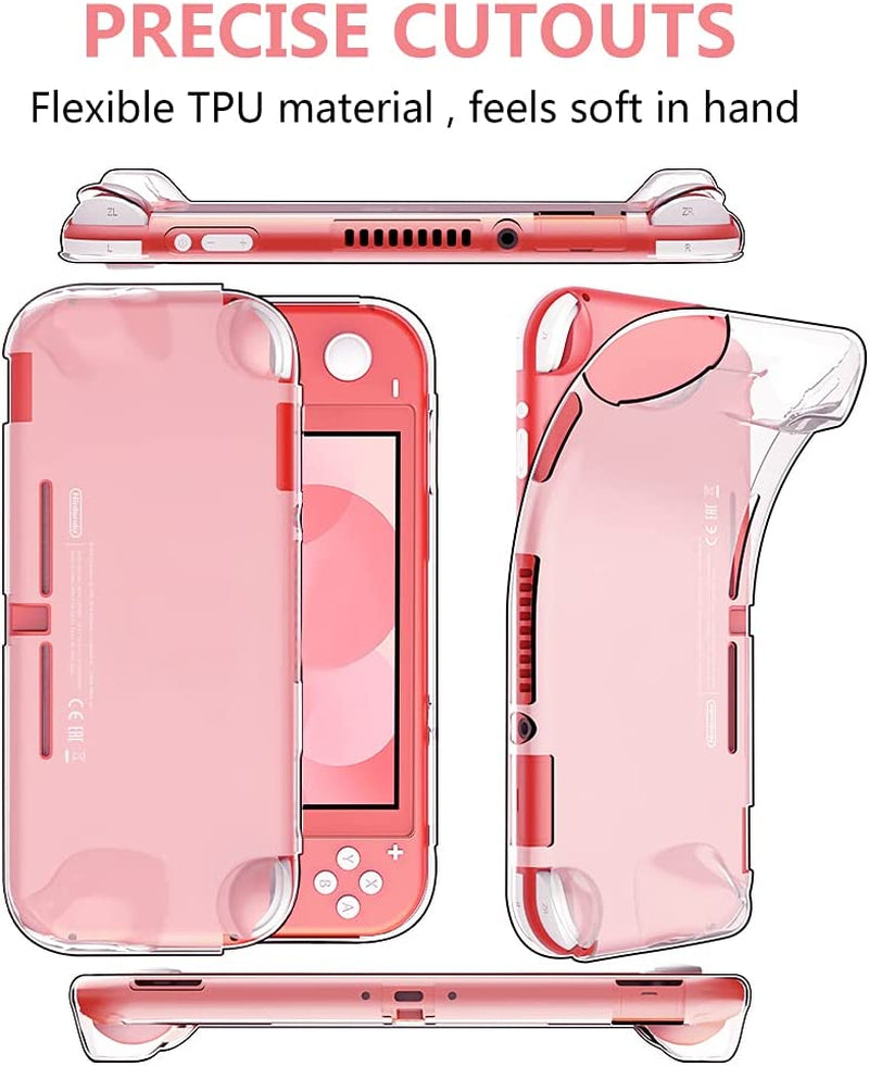 8PCS Case Compatible with Switch Lite, Carrying Case Accessories Kit, 1 Soft Silicon Case + 2 Screen Protector + 4 Thumb Caps + 1 Storage Carrying Coral