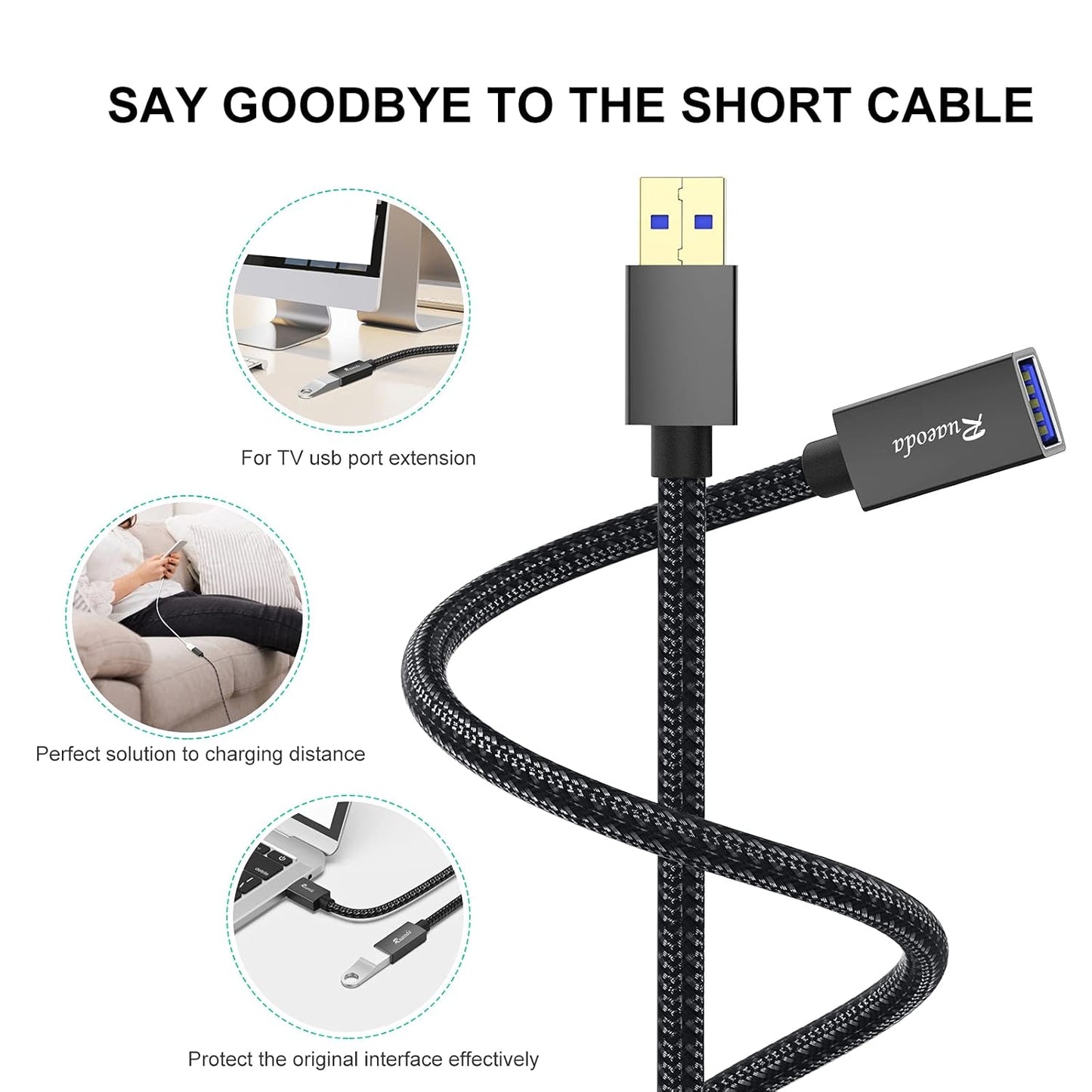 USB 3.0 Extension Cable 12 Ft, USB 3.0 Type a Male to Female Long USB Extension Cable Superspeed 22 AWG Braid USB to USB Cable