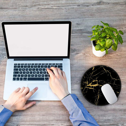 Mouse Pad, round Marble Mouse Mat, Cute Mouse Pad with Design, Non-Slip Rubber Base Mousepad with Stitched Edge, Waterproof Women Office Mouse Pads, Small Size 7.9" X 7.9", Black Marbling