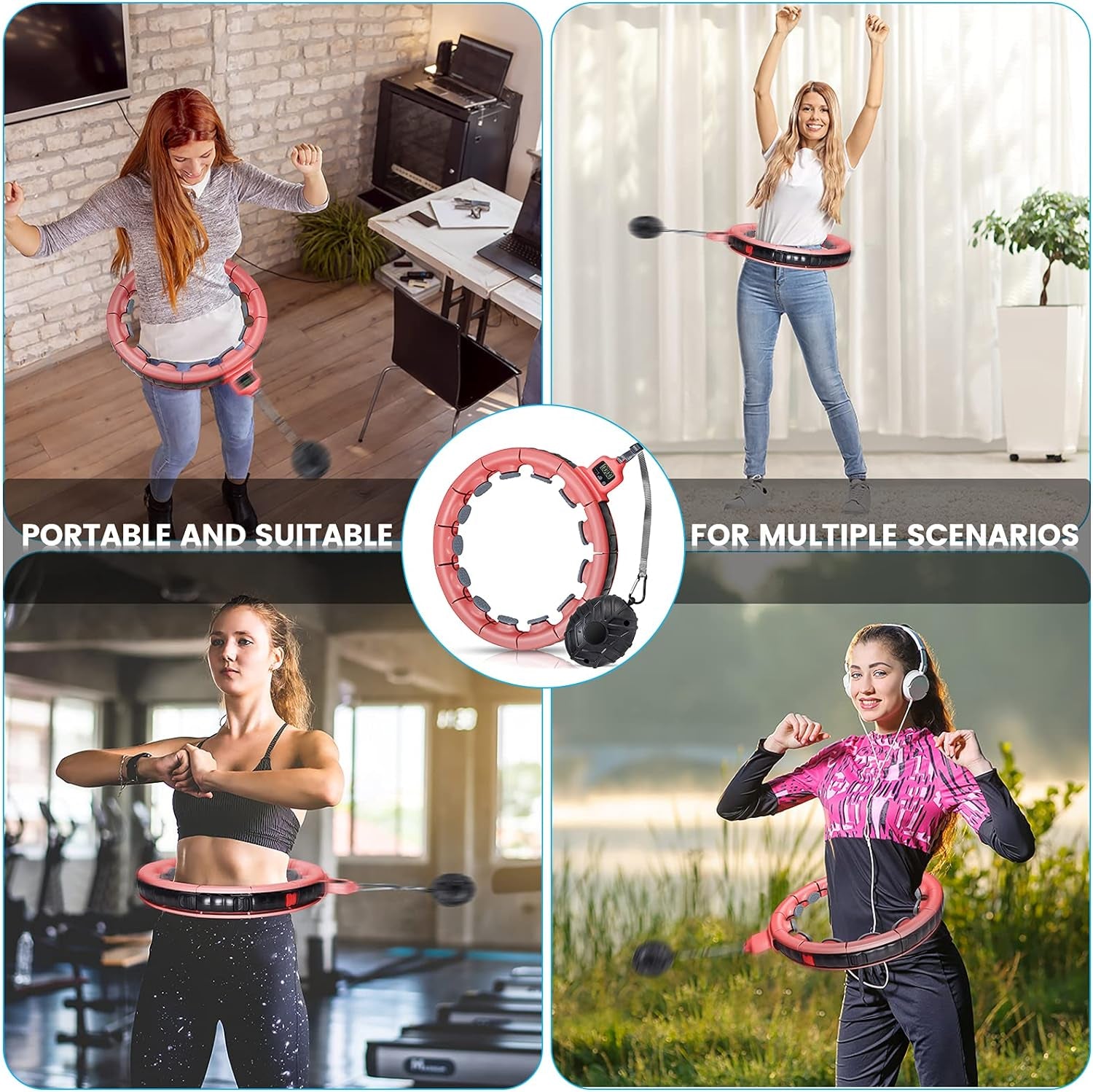 Smart Weighted Fitness Hoop for Adults Weight Loss Exercise Hoop, 2 in 1 Abdomen Massage Circle, Non-Fall Design with 16 Detachable Knots Timer and Adjustable Auto-Spinning Ball, Red