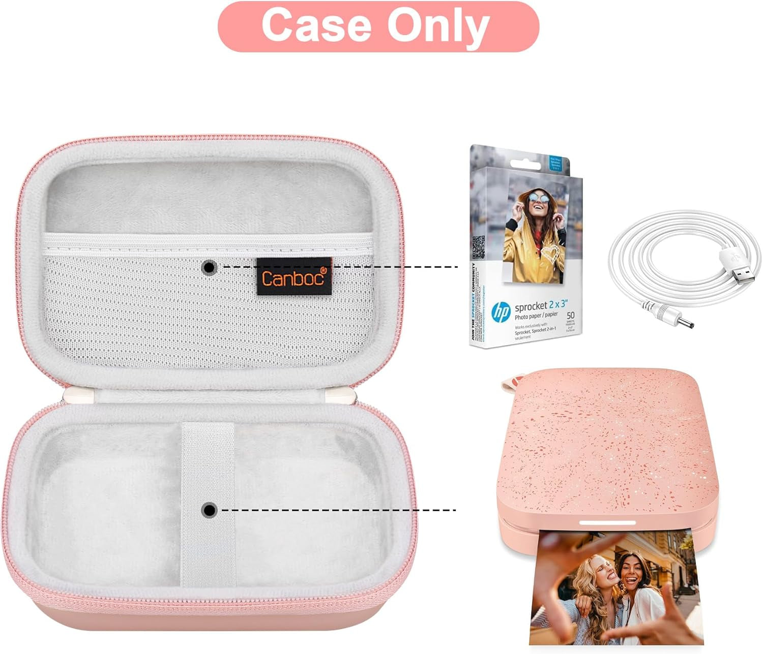 Carrying Case for HP Sprocket 2X3 Instant Smartphone Photo Printer, KODAK Step Wireless Mobile Photo Printer, Lifeprint 2X3 Photo Printer, Mesh Bag Fit Photo Paper Cable, Rose Gold