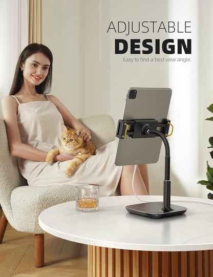 Tablet Stand Holder, Gooseneck Tablet Mount - 2.5Lb Heavy Duty Base Adjustable Desktop Stand with 360 Degree Rotating for 4.7-13" Tablet, Ipad Pro 12.9 Air Mini, Fire, Kindle, Tabs, Black