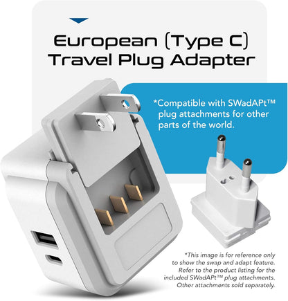 Europe Plug Adapter, 20W PD & QC, Safe Dual USB & USB-C 3.1A - 2 USA Outlet - Compact & Powerful - Use Euro, Greece, Italy, Switzerland, Turkey, Portugal - Includes Type C Swadapt Attachment