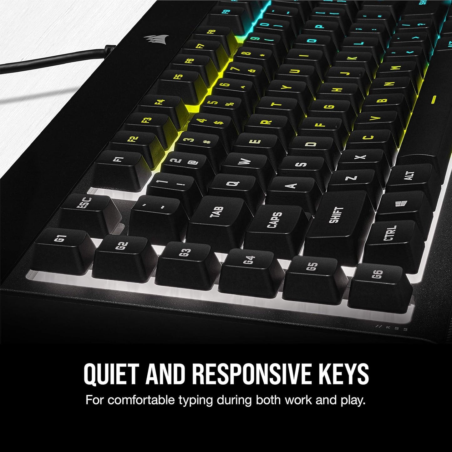 K55 RGB Pro-Dynamic RGB Backlighting - Six Macro Keys with Elgato Stream Deck Software Integration-Ip42 Dust and Spill Resistant-Detachable Palm Rest-Dedicated Media and Volume Keys, Black