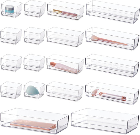 Simplesort 18-Piece Stackable Clear Drawer Organizer Set | Multi-Size Trays | Makeup Vanity Storage Bins and Office Desk Drawer Dividers | Made in USA