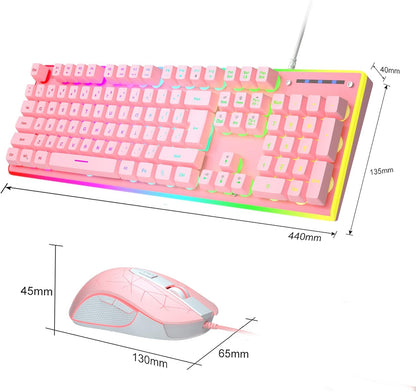 GT838 Gaming Keyboard and Mouse Combo, 104 Keys RGB Backlit Quiet Wired Keyboards for Laptop PC MAC, with Number Pad, Metal Panel, Anti-Ghosting, Pink