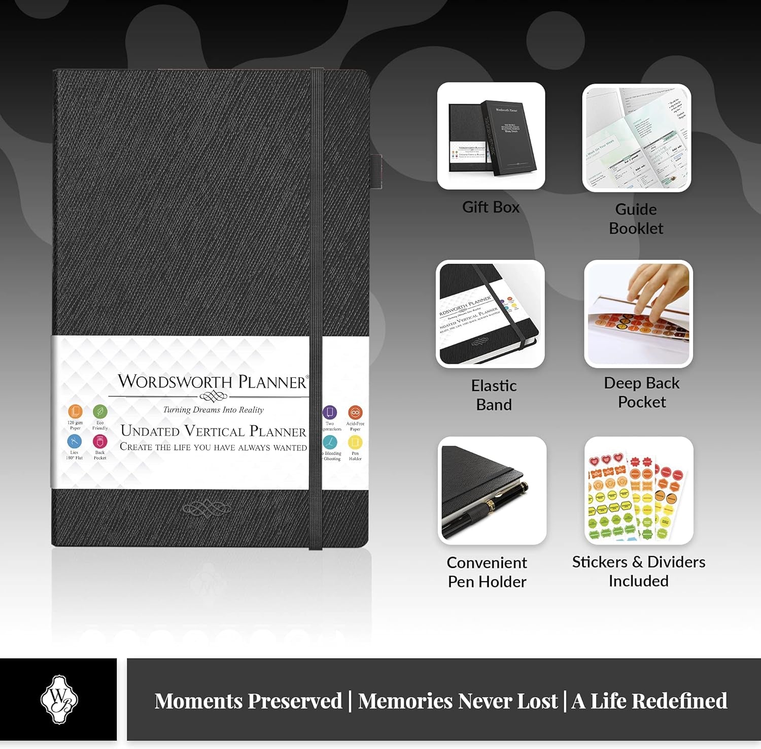 Wordsworth Undated Vertical Planner 2022-2023 - Weekly Planning, Organizer Notebook; Increase Productivity, Time Management - Gratitude Journal; Hit Your Goals - Thick Paper (120GSM) B5, Black