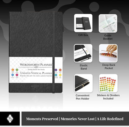 Wordsworth Undated Vertical Planner 2022-2023 - Weekly Planning, Organizer Notebook; Increase Productivity, Time Management - Gratitude Journal; Hit Your Goals - Thick Paper (120GSM) B5, Black