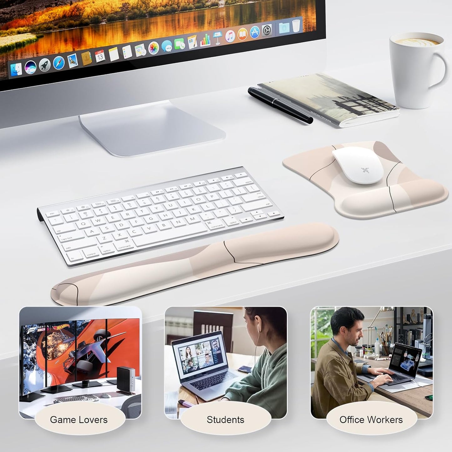 Mouse Pad with Wrist Rest, Keyboard Wrist Rest, Made of Memory Foam, Ergonomic Support, Easy Typing and Relieve Wrist Pain for Gaming, Computer, Office, Laptop-Brown Art