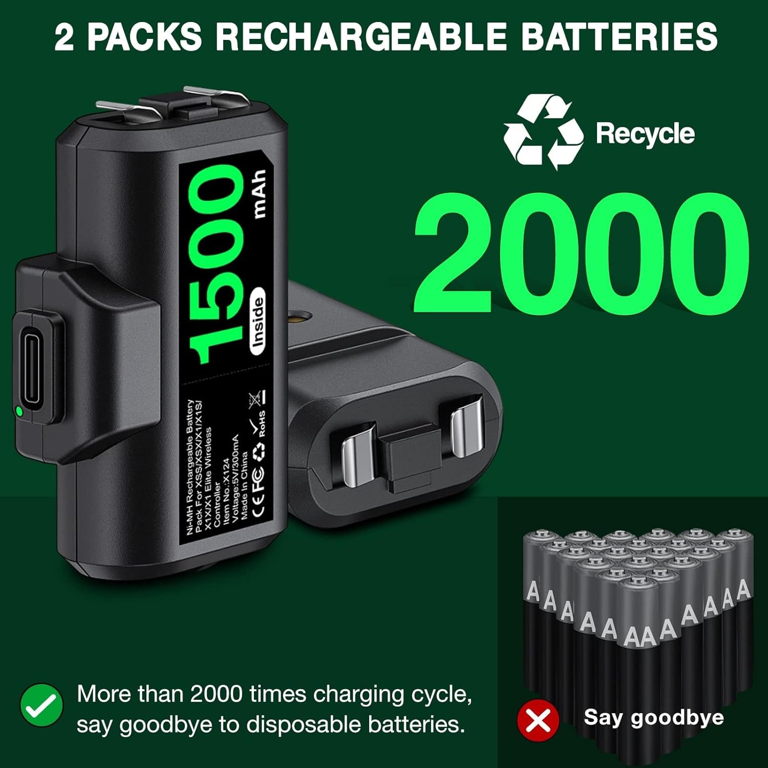 Rechargeable Controller Battery Pack 2X1500Mah Xbox Battery Pack & 4 Battery Covers, Xbox One Controller Battery Pack with 9.84Ft Type-C Cable for Xbox One S/X/Elite