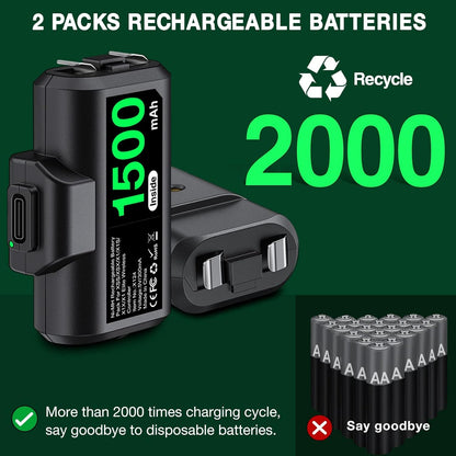 Rechargeable Controller Battery Pack 2X1500Mah Xbox Battery Pack & 4 Battery Covers, Xbox One Controller Battery Pack with 9.84Ft Type-C Cable for Xbox One S/X/Elite