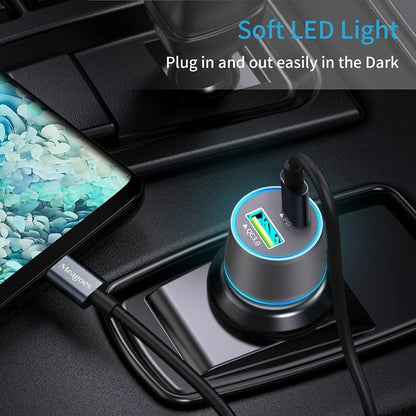 48W Gray Car Charger USB C Super Fast Charging, 30W USBC&QC3.0 Port Block for Iphone 17 Pro Max/Air/16/15/Ipad, Samsung S25 Android Cell Phone, Dual 12V Cigarette Lighter Adapter+3.3 Ft Type C Cable