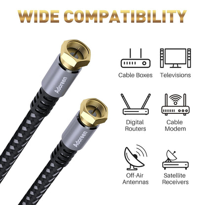 Coaxial Cable 4 Ft-2 Pack, Quad Shielded RG6 Coax Cable Cord, Male F Gold-Plated Nylon-Braided, In-Wall, Digital TV Aerial AV Antenna Satellite with 90 Degree Male to Female Adapter+15 Ties