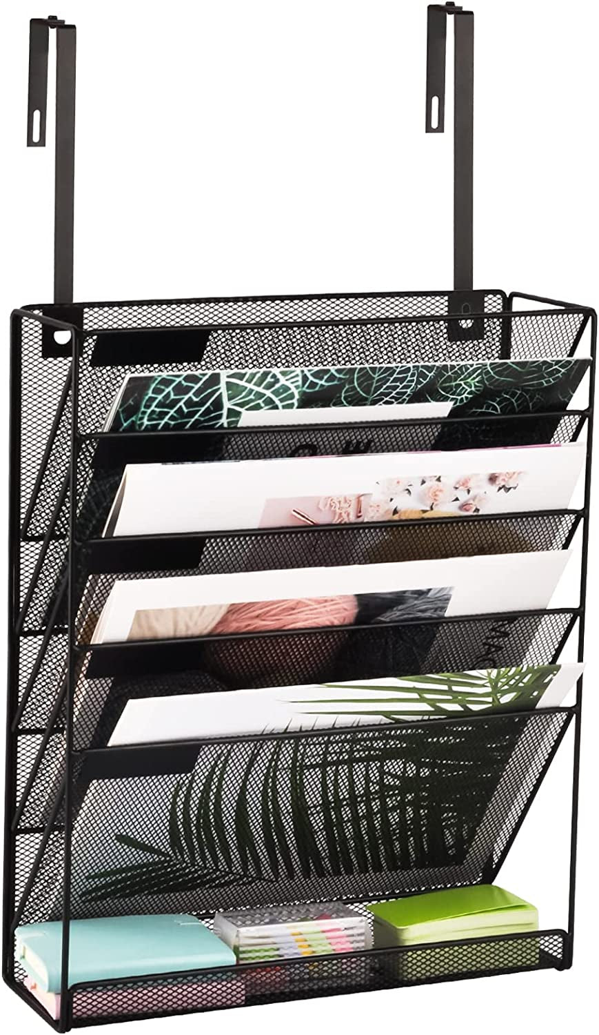 Desk File Organizer Mesh 6-Tier with Hangers, Hanging Wall Mount Document Organization Stand, Desktop Vertical Mail Paper Folder Holder with Bottom Tray for Office Home Cubicle, Black