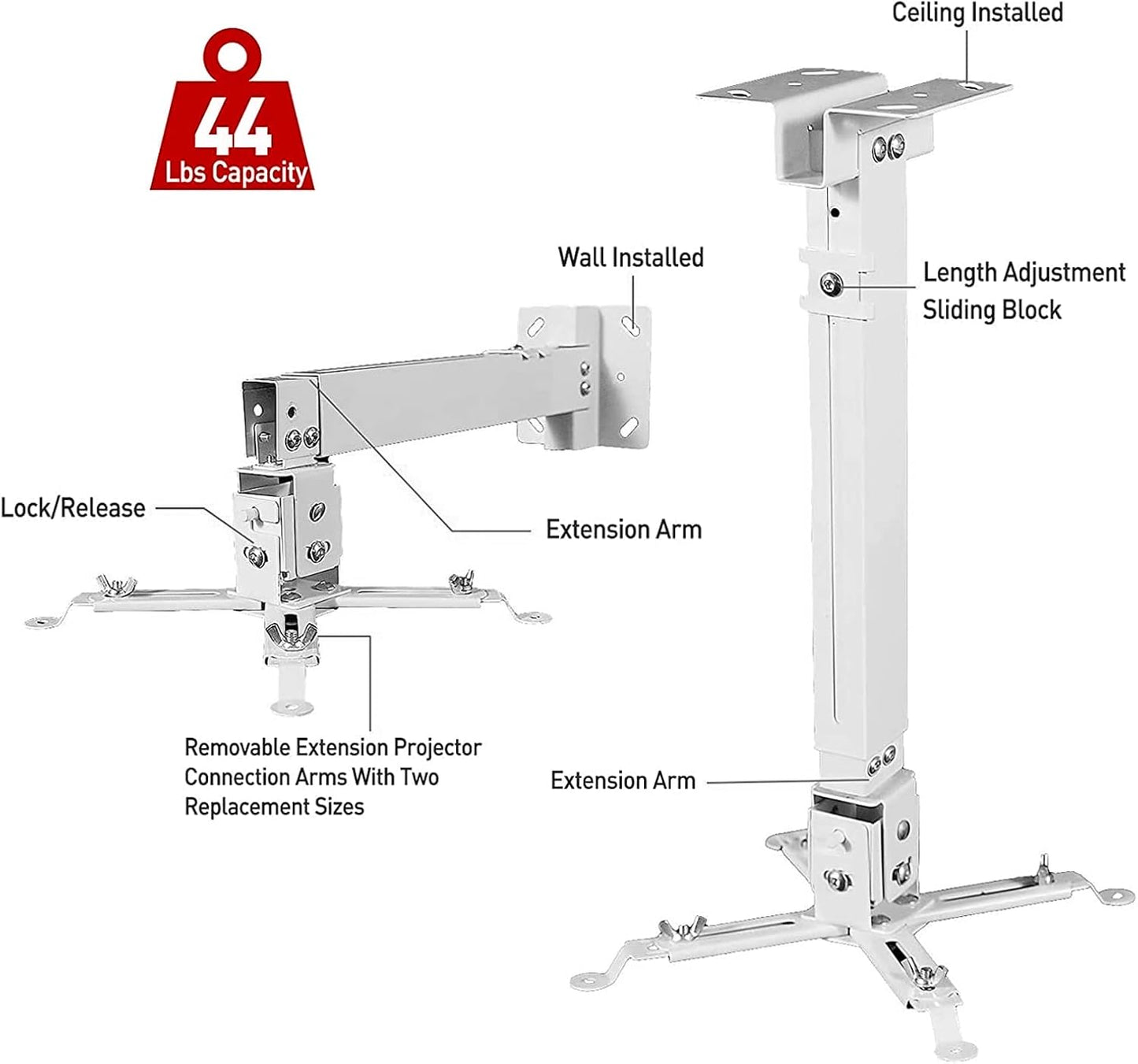 Universal Projector Mount - Adjustable Height Wall/Ceiling Mount for Most Standard and Mini Projectors - Sleek White
