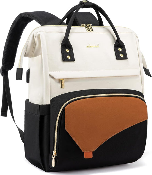 Laptop Backpack for Women Work Travel Backpack Purse, Teacher Doctor Nurse Bags College Backpack, Waterproof Computer Backpack for Women, 15.6 Inch, Black-Beige-Brown