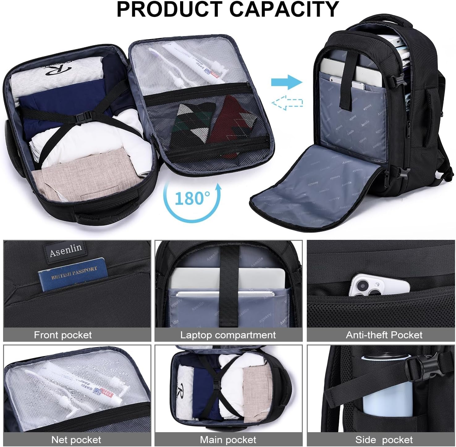 Travel Backpack for Women and Men,Fit 15.6 Inch Carry on Backpack Flight Approved Luggage，Weekender Bag Water Resistant Laptop Backpack-Black