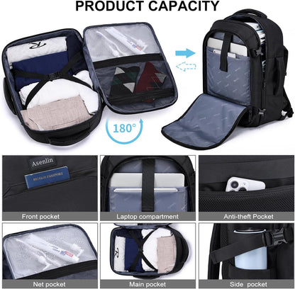 Travel Backpack for Women and Men,Fit 15.6 Inch Carry on Backpack Flight Approved Luggage，Weekender Bag Water Resistant Laptop Backpack-Black