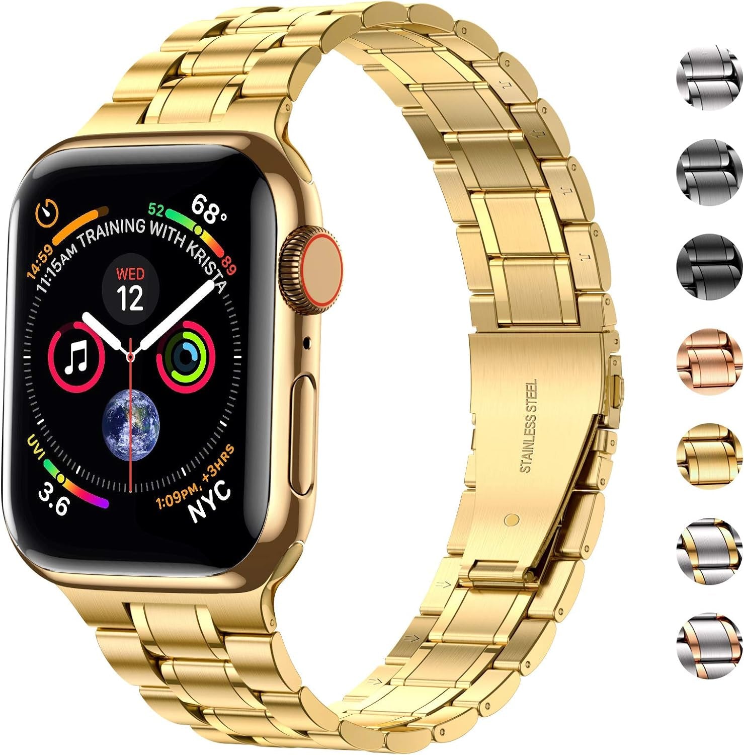 Solid Stainless Steel Band Compatible with Apple Watch 44Mm 42Mm (Series 3/2/1), Metal Strap with Soft TPU Case for Iwatch Series 6 5 4 3 2 1 SE SE2 SE3 Women and Men, Gold