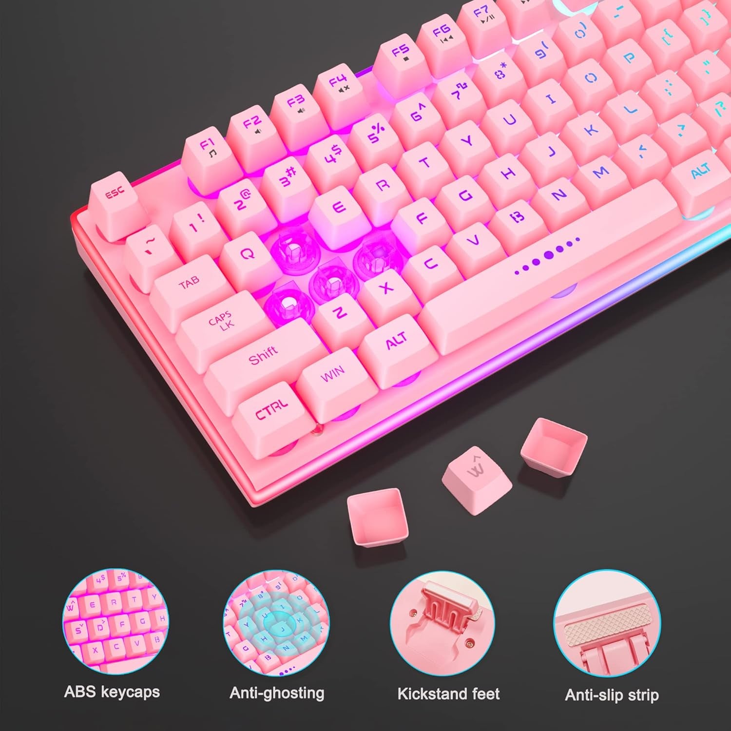 GT838 Gaming Keyboard and Mouse Combo, 104 Keys RGB Backlit Quiet Wired Keyboards for Laptop PC MAC, with Number Pad, Metal Panel, Anti-Ghosting, Pink